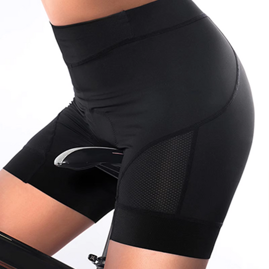 Schwarze Damen-Radhose mit gepolstertem Sitz, atmungsaktivem Mesh-Einsatz, ideal für Radsport, Komfort und Performance.