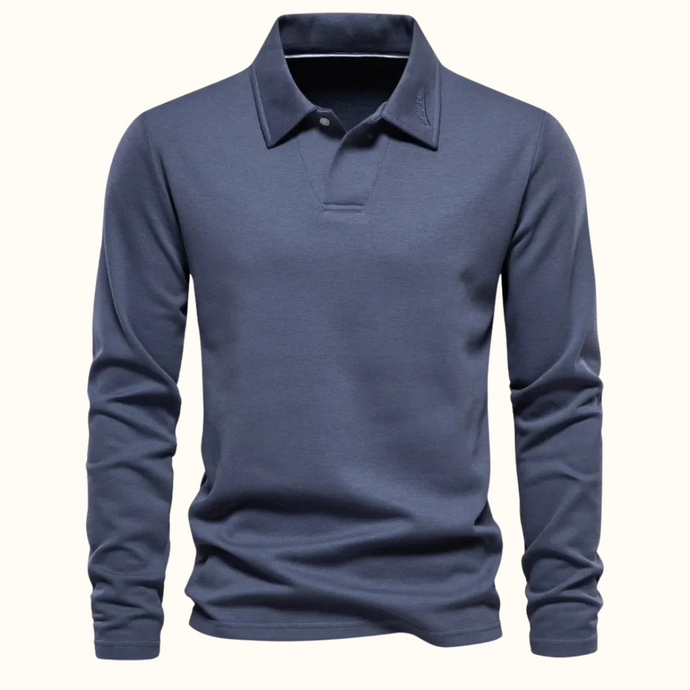Dunkelblaues Langarm-Poloshirt für Herren, klassischer Kragen, elegantes Design, ideal für Freizeit und Büro, hochwertige Baumwollmischung.