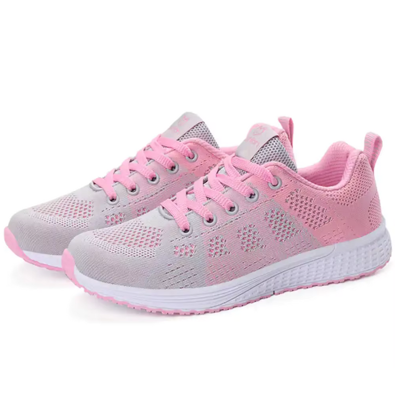 Laden Sie das Bild in Galerie -Viewer, Graue und rosa Damen-Laufschuhe mit atmungsaktivem Mesh-Obermaterial, rutschfester Sohle und Schnürverschluss. Ideal für Sport und Freizeit.
