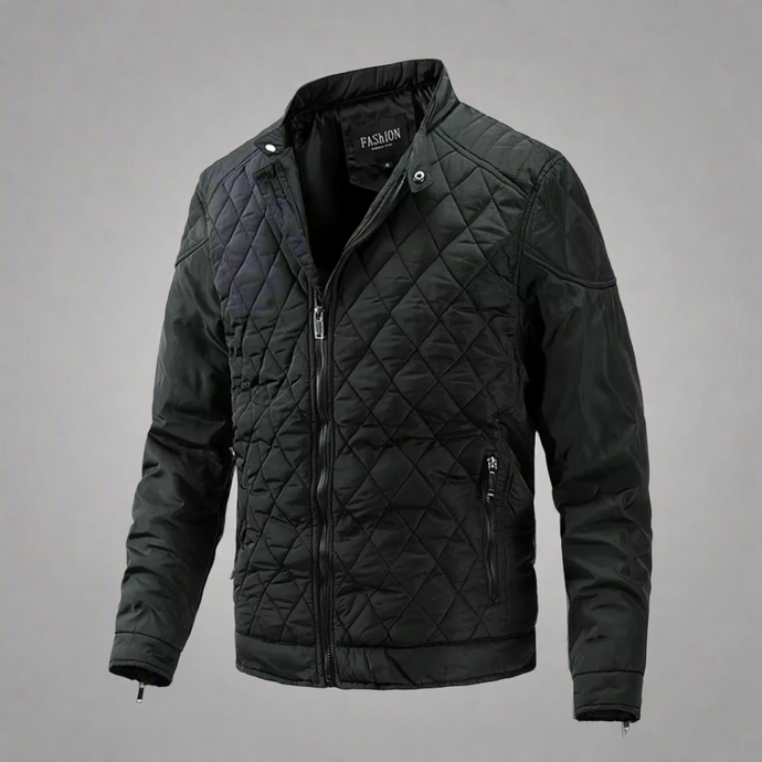Schwarze gesteppte Herrenjacke mit Reißverschluss, modisches Design, Stehkragen, zwei Seitentaschen, ideal für Herbst und Winter.