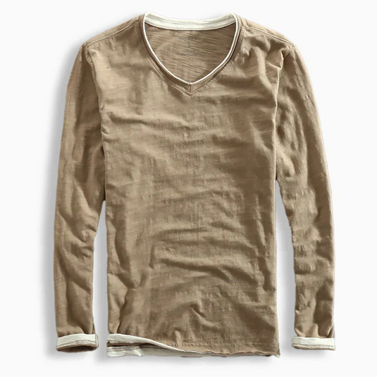 Beiges Langarmshirt mit V-Ausschnitt, aus Baumwolle, lässiger Stil, ideal für Herrenmode, perfekt für Freizeitkleidung und Alltagsoutfits.