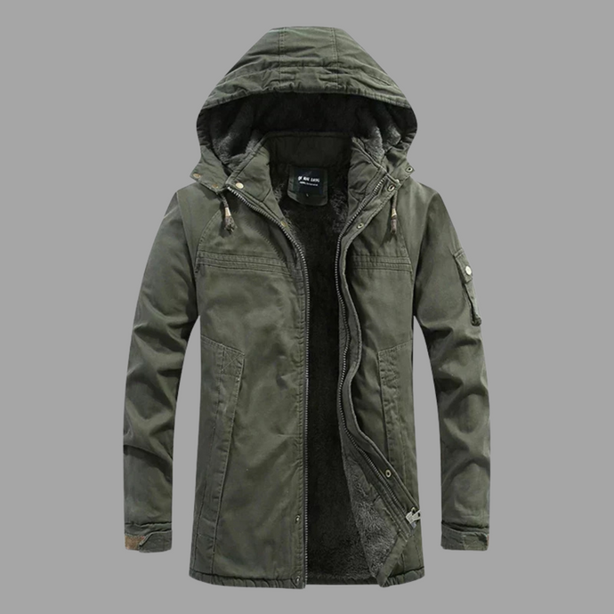 Grüne Herren-Winterjacke mit Kapuze, Reißverschluss und Taschen, warm gefüttert. Perfekt für Outdoor-Aktivitäten und kalte Temperaturen.
