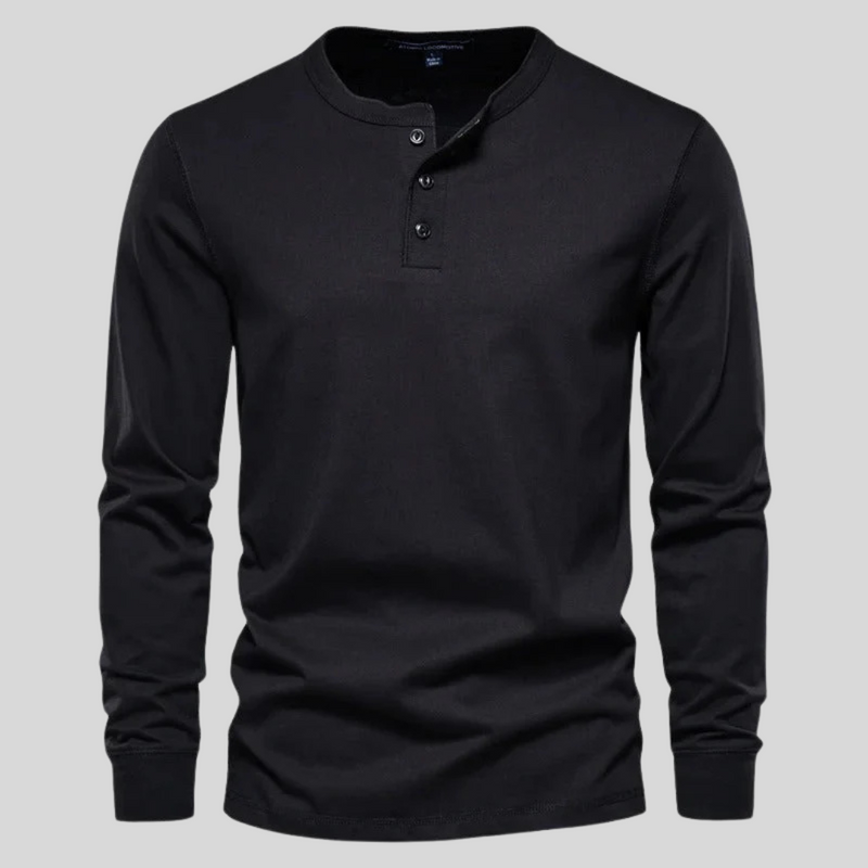 Laden Sie das Bild in Galerie -Viewer, Schwarzes Herren-Henley-Shirt mit langen Ärmeln, Rundhalsausschnitt und Knopfleiste. Modisches, bequemes Oberteil für Freizeit und Alltag.
