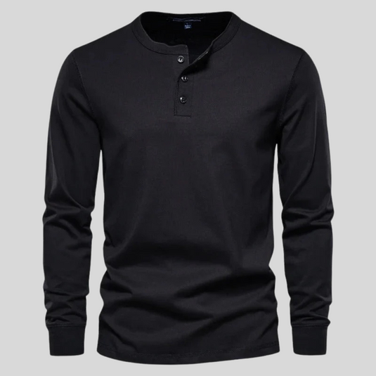 Schwarzes Herren-Henley-Shirt mit langen Ärmeln, Rundhalsausschnitt und Knopfleiste. Modisches, bequemes Oberteil für Freizeit und Alltag.