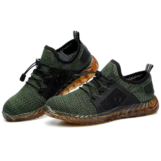 Grüne Herren-Sneaker mit atmungsaktivem Mesh-Obermaterial und rutschfester Sohle, ideal für Outdoor-Aktivitäten und Sport.