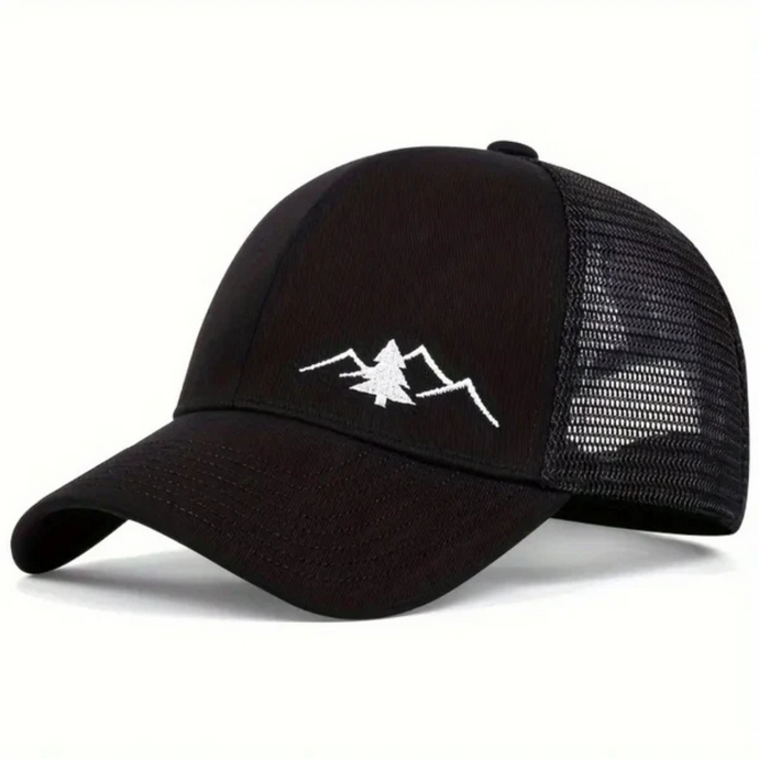 Schwarze Trucker-Cap mit weißem Berg- und Baum-Logo, Mesh-Rückseite, ideal für Outdoor-Aktivitäten, modisches Accessoire für Herren und Damen.