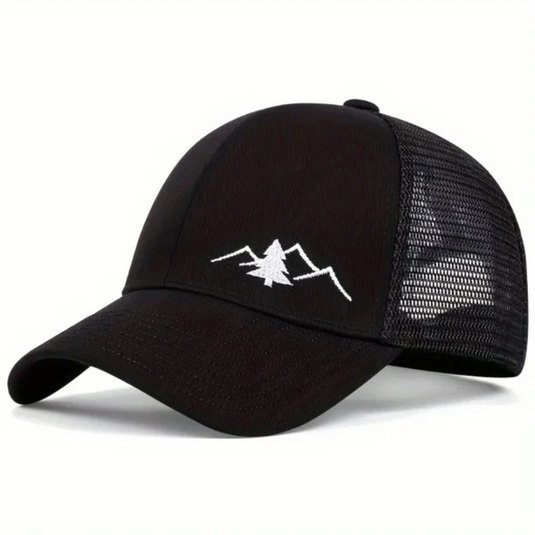 Schwarze Trucker-Cap mit weißem Berg- und Baum-Logo, Mesh-Rückseite, ideal für Outdoor-Aktivitäten, modisches Accessoire für Herren und Damen.