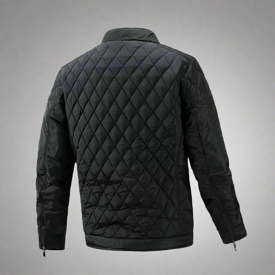Schwarze gesteppte Jacke, Rückansicht, mit Reißverschlüssen an den Ärmeln. Modische Winterjacke, warm und stilvoll, ideal für kalte Tage.