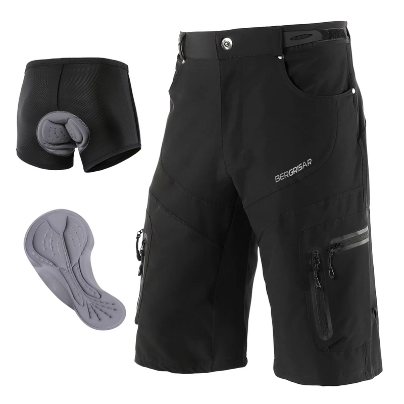 Laden Sie das Bild in Galerie -Viewer, Schwarze Bergisar Fahrradhose mit abnehmbarer gepolsterter Innenhose und ergonomischem Sitzpolster, ideal für Mountainbiking und Radsport.

