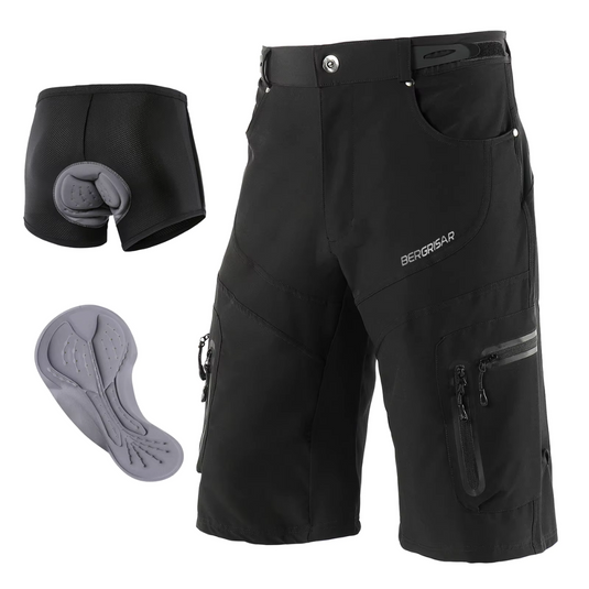 Schwarze Bergisar Fahrradhose mit abnehmbarer gepolsterter Innenhose und ergonomischem Sitzpolster, ideal für Mountainbiking und Radsport.
