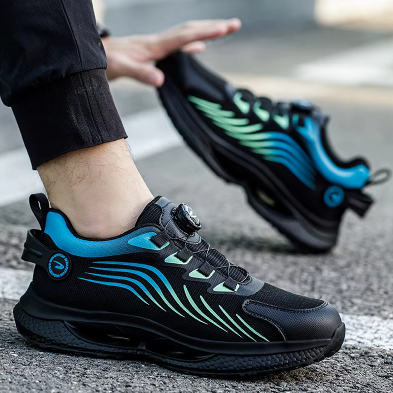 Laden Sie das Bild in Galerie -Viewer, Schwarze Sportschuhe mit blauen und grünen Akzenten, innovative Schnürung, auf Asphalt getragen. Ideal für Laufen und Fitness.
