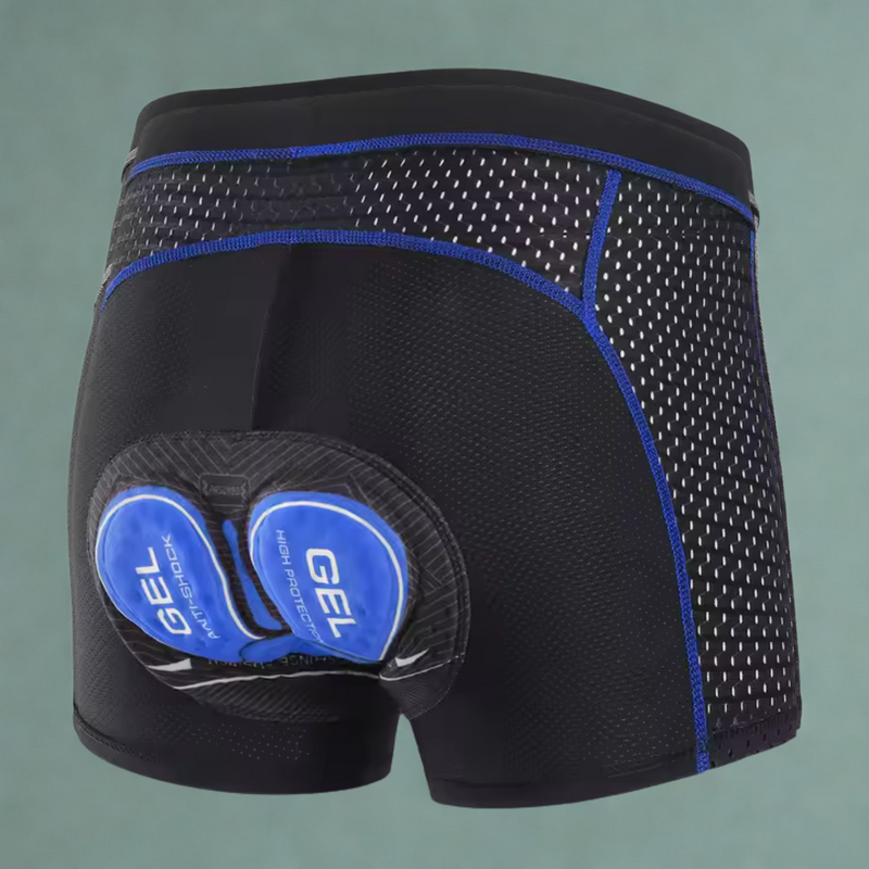 Laden Sie das Bild in Galerie -Viewer, Herren-Radhose mit Gel-Polsterung, atmungsaktivem Mesh-Design und blauen Akzenten, ideal für lange Fahrradtouren und optimalen Komfort.

