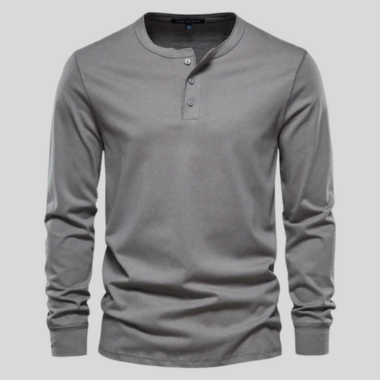 Graues Herren-Langarmshirt mit Rundhalsausschnitt und Knopfleiste, ideal für Freizeitmode. Hochwertiges Baumwollmaterial, stilvoll und bequem.
