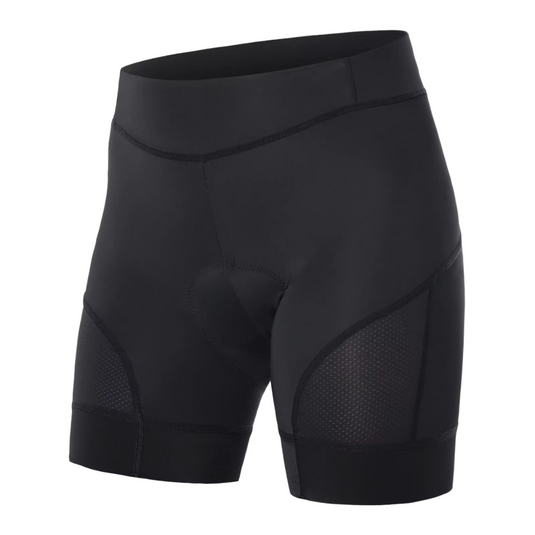 Schwarze Damen-Radhose mit gepolstertem Sitzbereich, atmungsaktivem Material und ergonomischem Design für optimalen Komfort beim Radfahren.