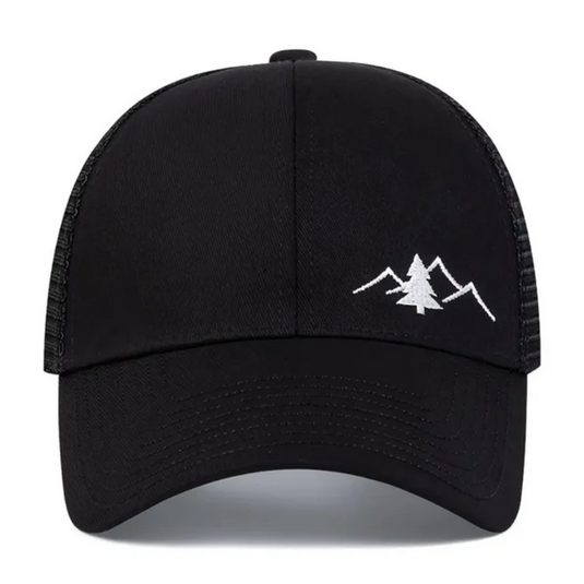 Schwarze Baseballkappe mit weißem Berg- und Baumstickerei, Unisex-Design, ideal für Outdoor-Aktivitäten, modisches Accessoire.