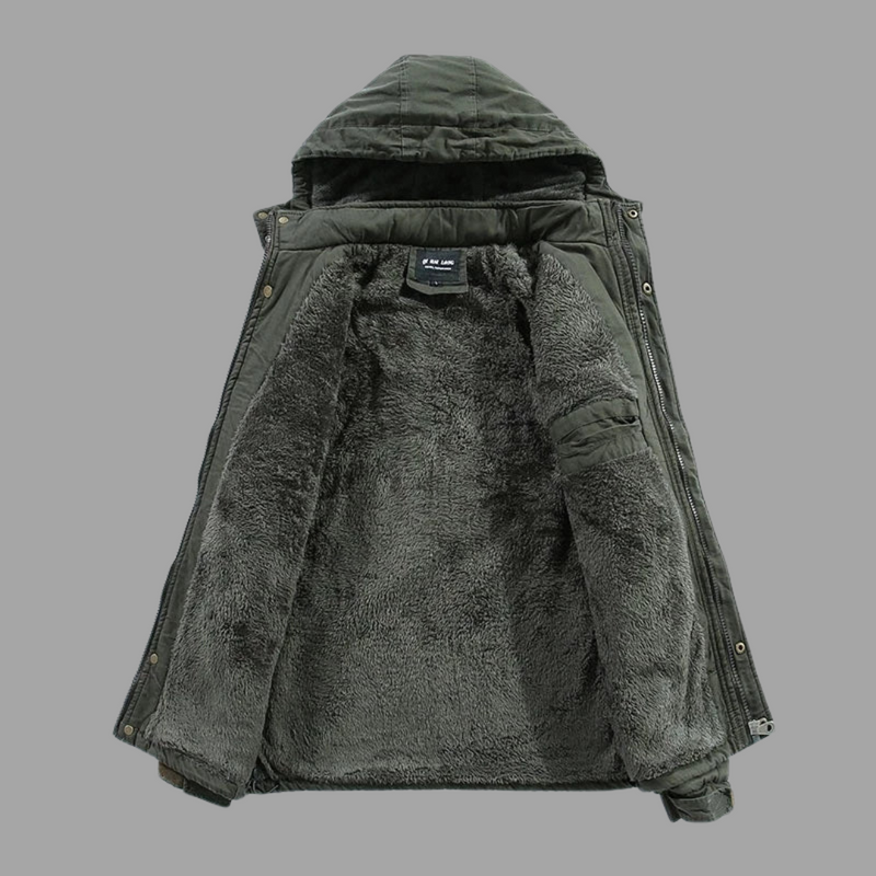 Laden Sie das Bild in Galerie -Viewer, Grüne Winterjacke mit Kapuze, offene Ansicht, zeigt weiches, graues Futter. Ideal für kaltes Wetter, modisch und warm.
