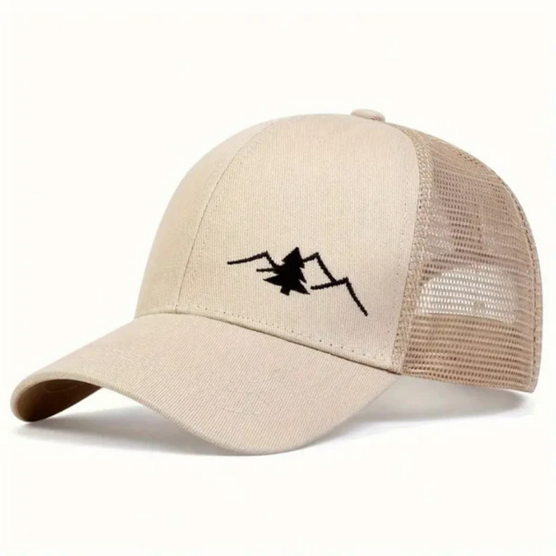 Laden Sie das Bild in Galerie -Viewer, Beige Trucker Cap mit Berg- und Baumstickerei, atmungsaktives Mesh, verstellbar, ideal für Outdoor-Aktivitäten und modische Freizeitkleidung.
