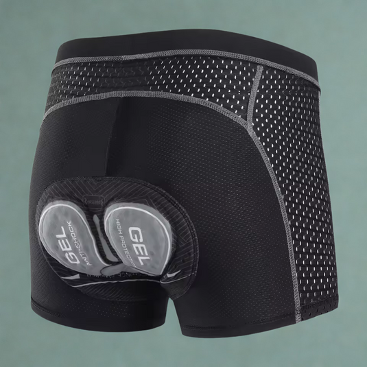 Schwarze gepolsterte Fahrradhose mit Gel-Einsatz, atmungsaktivem Mesh-Gewebe und ergonomischem Design für optimalen Komfort beim Radfahren.