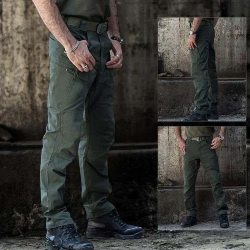 Laden Sie das Bild in Galerie -Viewer, Taktische grüne Cargohose für Herren, robust und vielseitig, ideal für Outdoor-Aktivitäten. Kombiniert mit schwarzen Stiefeln für optimalen Komfort.
