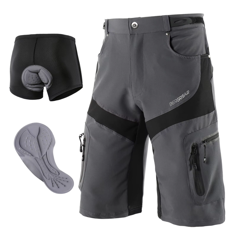 Laden Sie das Bild in Galerie -Viewer, Graue MTB-Shorts mit abnehmbarer gepolsterter Innenhose und ergonomischem Sitzpolster. Ideal für Mountainbiking und Radsport.
