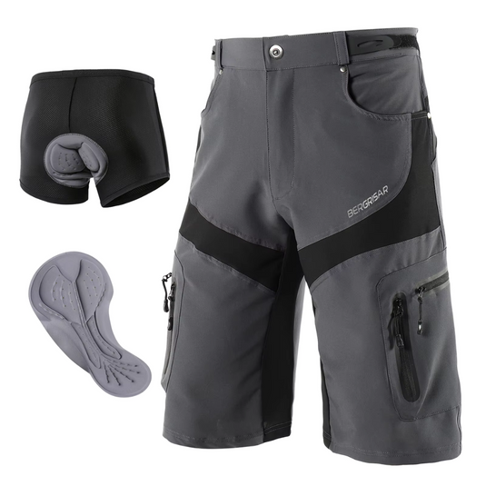 Graue MTB-Shorts mit abnehmbarer gepolsterter Innenhose und ergonomischem Sitzpolster. Ideal für Mountainbiking und Radsport.