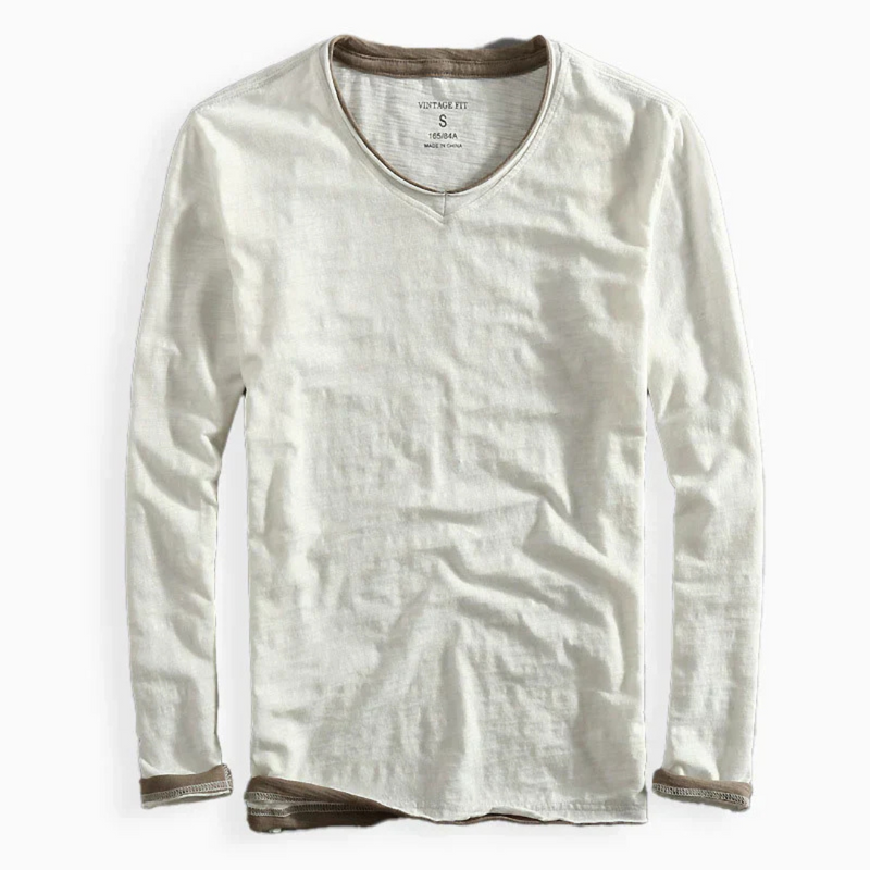 Laden Sie das Bild in Galerie -Viewer, Langarmshirt Herren, weiß, V-Ausschnitt, braune Bündchen, lässiger Stil, Baumwolle, Größe S, modisches Basic, ideal für Freizeit und Alltag.

