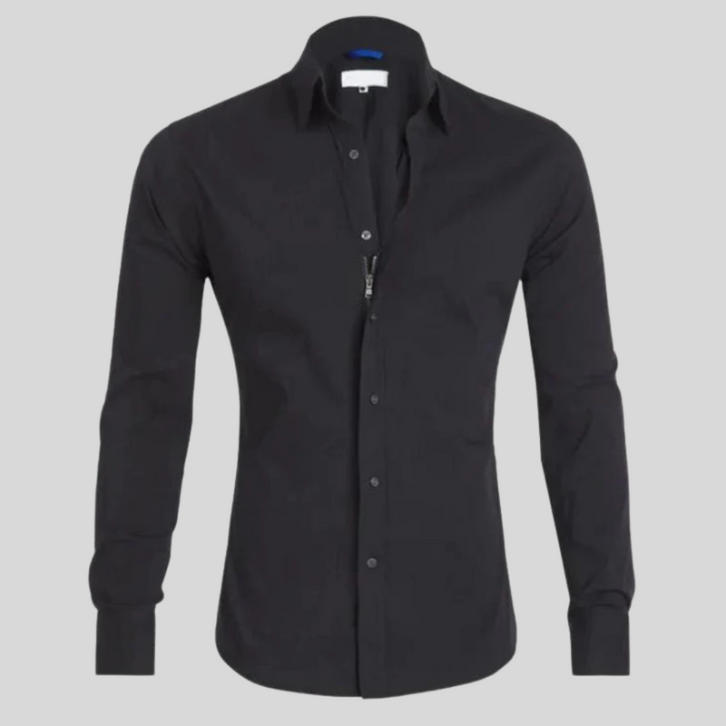 Laden Sie das Bild in Galerie -Viewer, Schwarzes Herrenhemd mit langen Ärmeln, klassischem Kragen und Knopfleiste. Elegantes Design, ideal für formelle Anlässe oder Business-Outfits.
