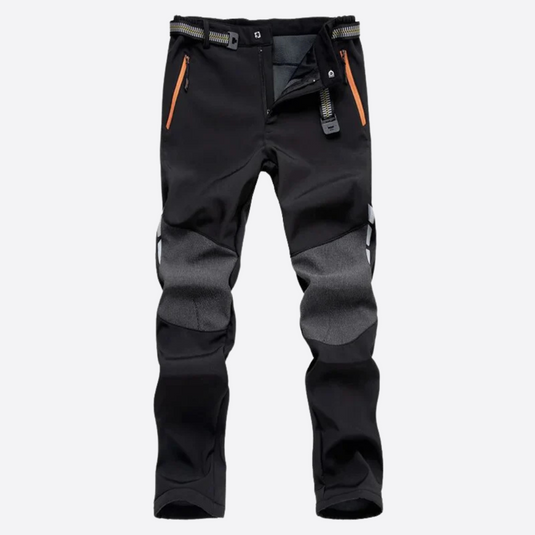 Schwarze Outdoor-Hose mit grauen Knieverstärkungen, Reißverschlusstaschen und verstellbarem Bund. Ideal für Wandern und Trekking.
