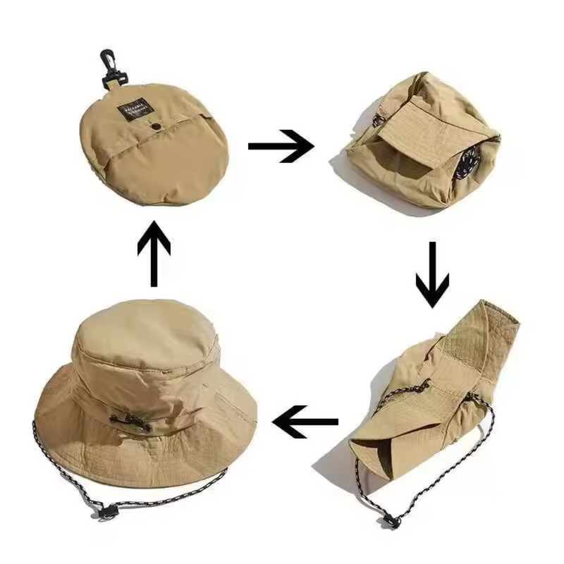 Laden Sie das Bild in Galerie -Viewer, Faltbarer khakifarbener Fischerhut, kompakt verpackbar, ideal für Reisen und Outdoor-Aktivitäten. Praktisches Design, leicht und tragbar.
