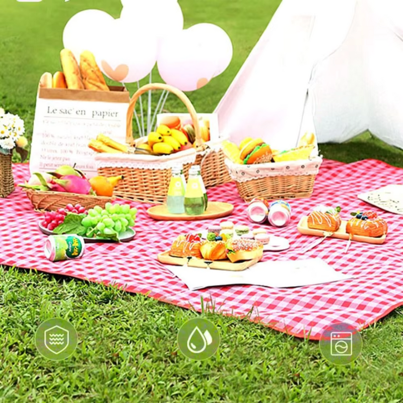 Laden Sie das Bild in Galerie -Viewer, Picknick auf roter Decke mit Obst, Sandwiches, Getränken und Ballons im Freien. Sommer Picknick, frisches Obst, Outdoor-Aktivität.
