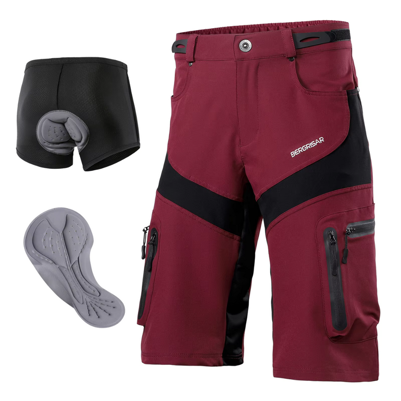 Laden Sie das Bild in Galerie -Viewer, Bergsteiger-Shorts in Rot mit schwarzem Einsatz, abnehmbarer gepolsterter Innenhose und grauem Sitzpolster. Ideal für Mountainbiking und Outdoor-Aktivitäten.
