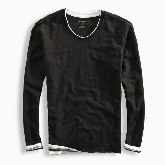 Schwarzes Langarmshirt mit V-Ausschnitt, weißem Saum und Kontrastnähten, Herrenmode, lässiger Stil, Baumwollmaterial, ideal für Herbst und Winter.