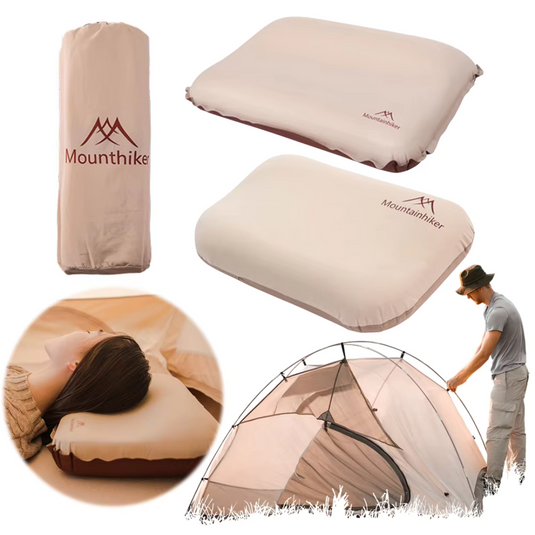 Aufblasbares Reisekissen von Mounthiker, beige, mit Tragetasche. Ideal für Camping und Outdoor-Aktivitäten. Komfortabel und leicht zu transportieren.