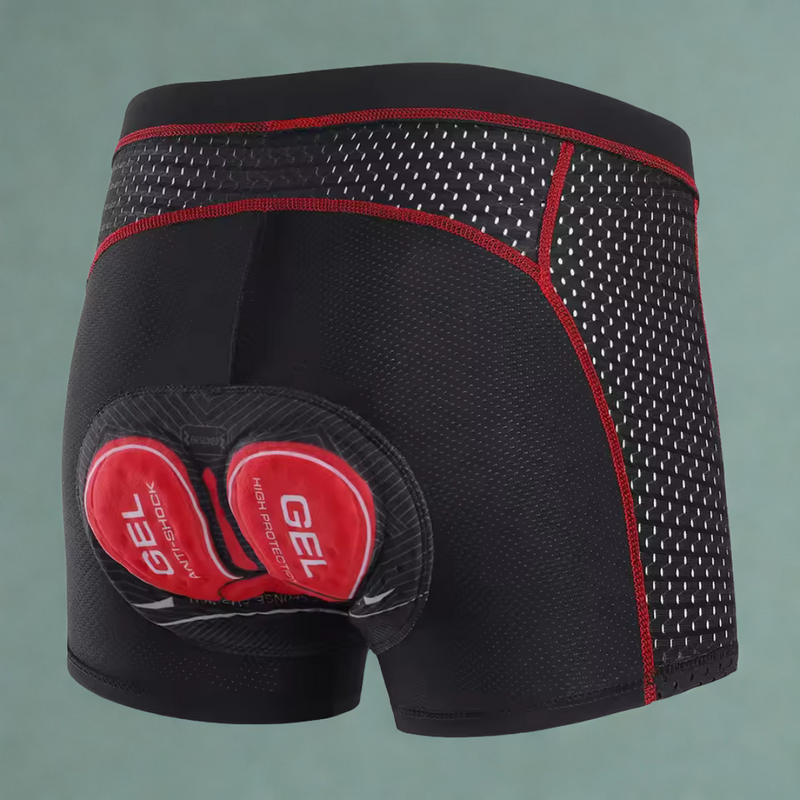 Laden Sie das Bild in Galerie -Viewer, Schwarze gepolsterte Radlerhose mit roten Nähten und Gel-Einsatz, ideal für Radsport, Komfort und Stoßdämpfung. Hochwertige Sportbekleidung.
