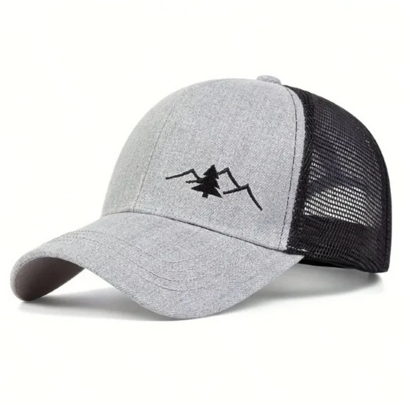 Laden Sie das Bild in Galerie -Viewer, Graue Baseballkappe mit schwarzem Netzrücken und gesticktem Bergmotiv. Modische Unisex-Cap, ideal für Outdoor-Aktivitäten und Freizeit.
