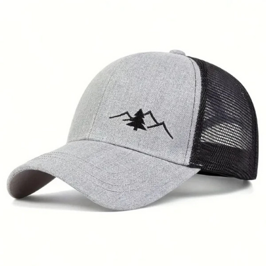 Graue Baseballkappe mit schwarzem Netzrücken und gesticktem Bergmotiv. Modische Unisex-Cap, ideal für Outdoor-Aktivitäten und Freizeit.