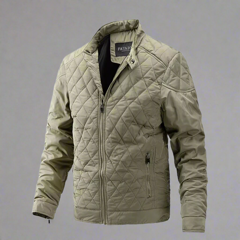 Laden Sie das Bild in Galerie -Viewer, Beige gesteppte Herrenjacke mit Reißverschluss, modisches Design, ideal für Herbst und Winter. Stilvolle Outdoor-Bekleidung für Männer.
