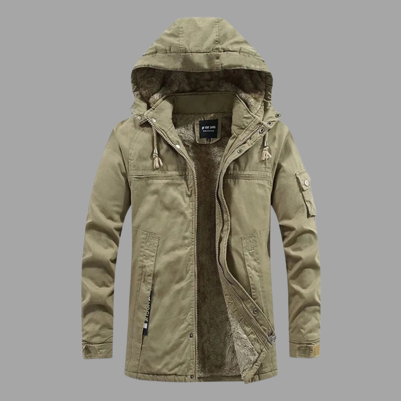 Laden Sie das Bild in Galerie -Viewer, Herren Winterjacke mit Kapuze, beige, warm gefüttert, Reißverschluss, Taschen, Outdoor-Mode, ideal für kalte Temperaturen.
