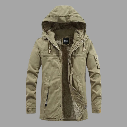 Herren Winterjacke mit Kapuze, beige, warm gefüttert, Reißverschluss, Taschen, Outdoor-Mode, ideal für kalte Temperaturen.