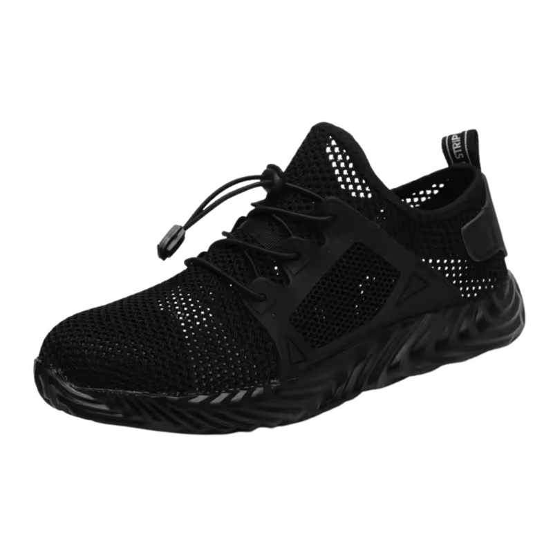 Laden Sie das Bild in Galerie -Viewer, Schwarzer Sportschuh mit atmungsaktivem Mesh-Obermaterial, rutschfester Sohle und Schnürverschluss. Ideal für Laufen und Fitness.
