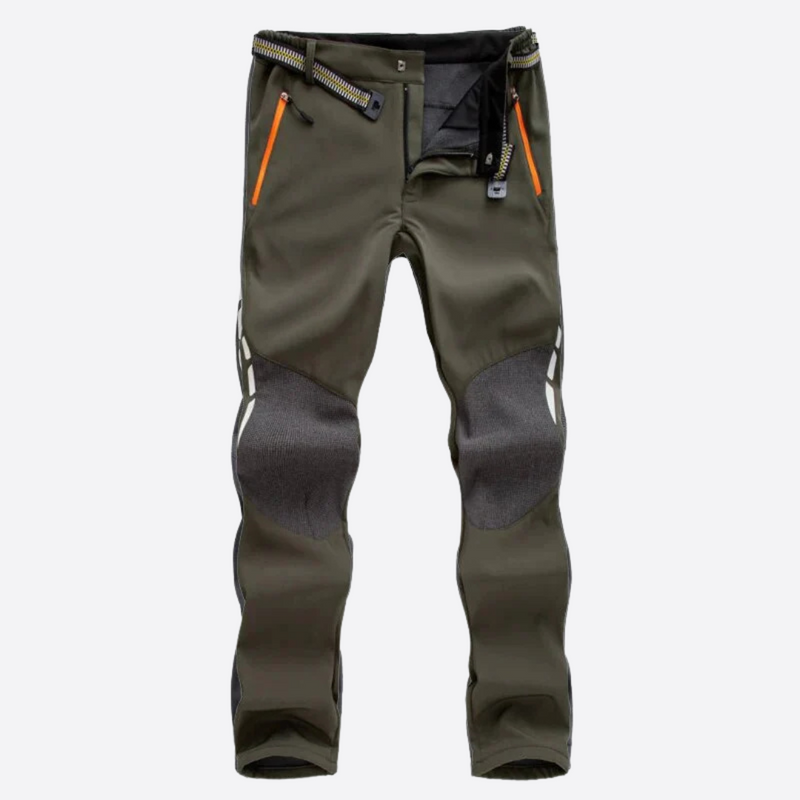 Laden Sie das Bild in Galerie -Viewer, Dunkelgrüne Outdoor-Hose mit orangefarbenen Reißverschlüssen, verstärkten Knien und elastischem Bund. Ideal für Wandern und Trekking.
