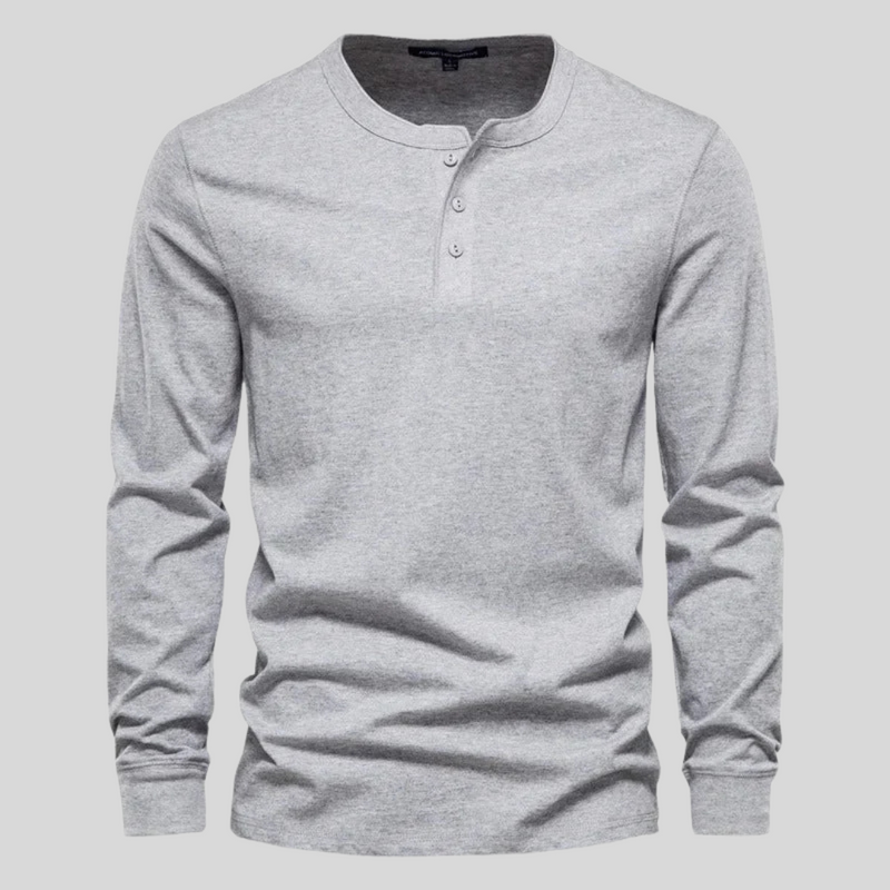 Laden Sie das Bild in Galerie -Viewer, Graues Herren-Langarmshirt mit Rundhalsausschnitt und Knopfleiste, aus Baumwolle. Ideal für Freizeitmode und lässige Outfits.
