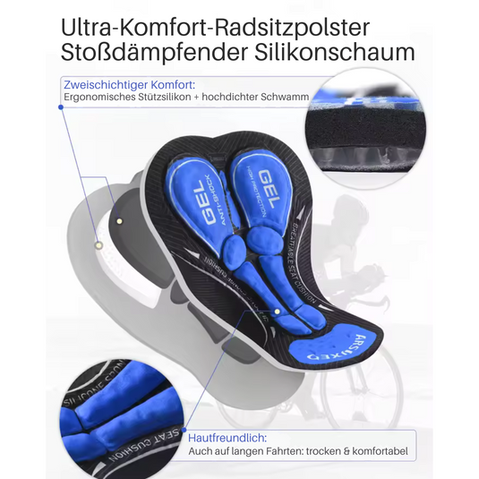 Ultra-Komfort-Radsitzpolster aus Silikonschaum, ergonomisch, zweischichtig, stoßdämpfend, ideal für lange Fahrten, hautfreundlich, trocken.