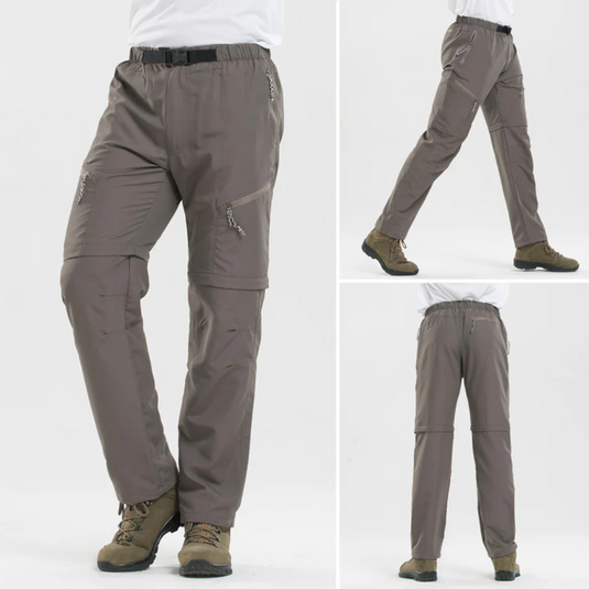 Herren Outdoor Wanderhose, abnehmbar, grau, mit Reißverschlusstaschen, ideal für Trekking und Camping, atmungsaktiv und wasserabweisend.