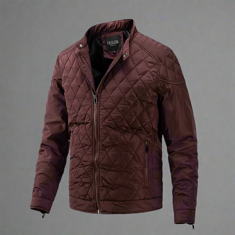 Laden Sie das Bild in Galerie -Viewer, Braune gesteppte Herrenjacke mit Reißverschluss und Stehkragen, modisches Design, ideal für Herbst und Winter, isolierte Outdoor-Bekleidung.
