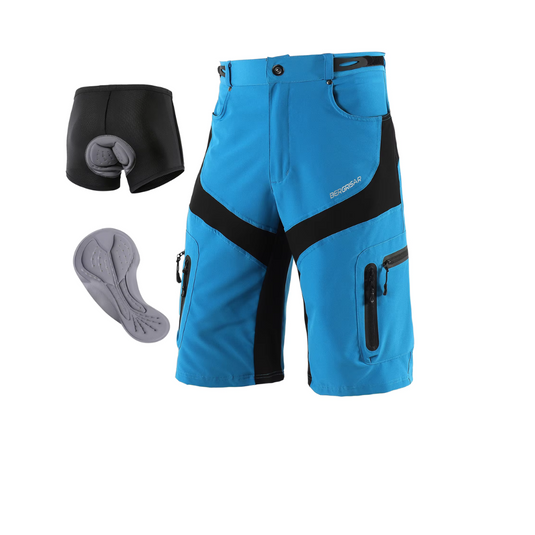 Blaue MTB-Shorts mit schwarzem Einsatz, abnehmbarer gepolsterter Innenhose und grauem Sitzpolster. Ideal für Mountainbiking und Outdoor-Aktivitäten.