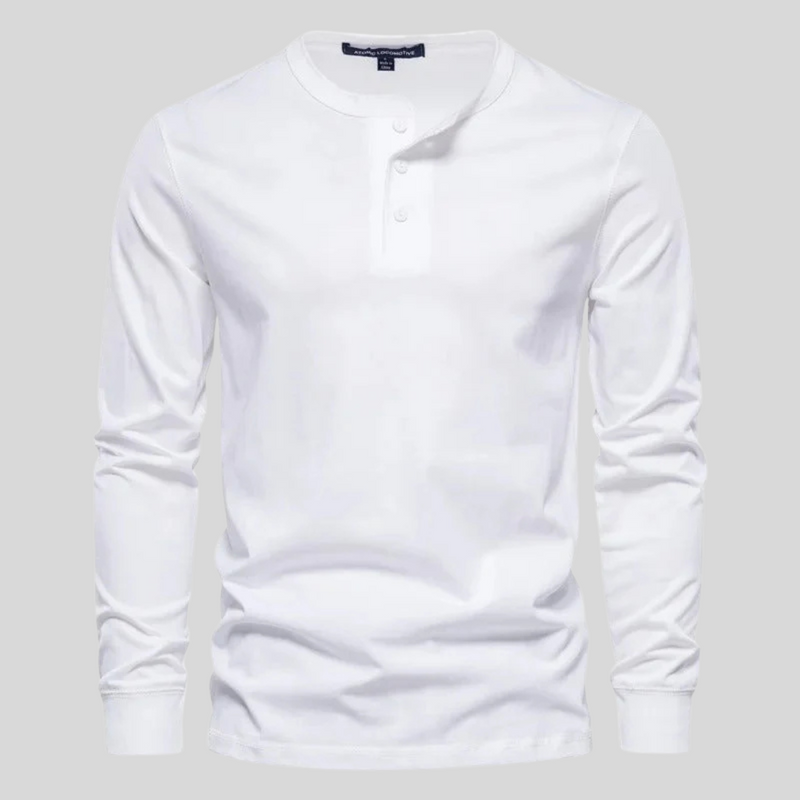 Laden Sie das Bild in Galerie -Viewer, Weißes Herren-Henley-Shirt mit langen Ärmeln und Knopfleiste, aus Baumwolle. Ideal für Freizeitmode und lässige Outfits.

