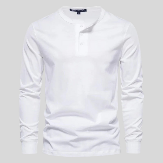 Weißes Herren-Henley-Shirt mit langen Ärmeln und Knopfleiste, aus Baumwolle. Ideal für Freizeitmode und lässige Outfits.