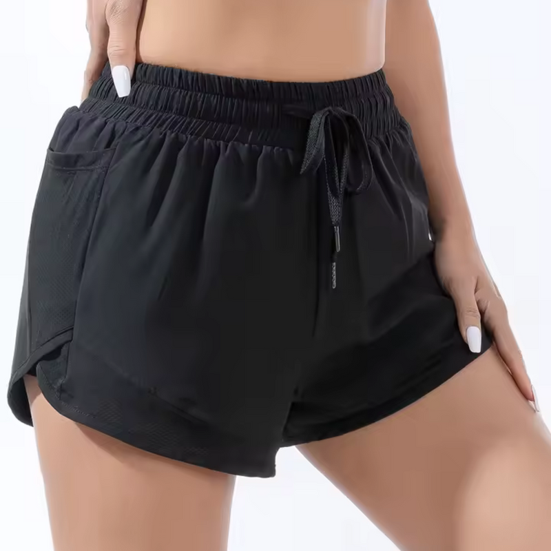 Laden Sie das Bild in Galerie -Viewer, Damen-Sportshorts in Schwarz, elastischer Bund, Kordelzug, atmungsaktives Material, ideal für Fitness und Laufen.
