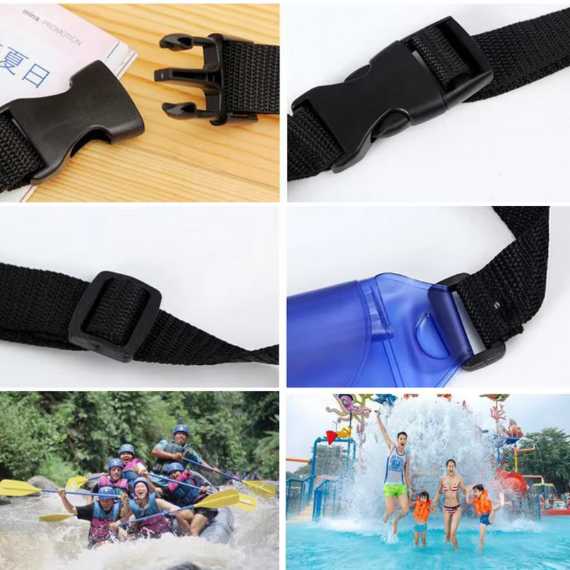 Laden Sie das Bild in Galerie -Viewer, Schwarzer Kunststoffschnallenverschluss an einem Gurtband, ideal für Outdoor-Aktivitäten wie Rafting und Wassersport. Robuste, verstellbare Befestigung.
